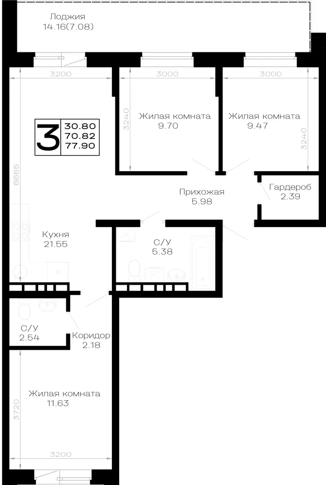 3-комн. 77.9 м²