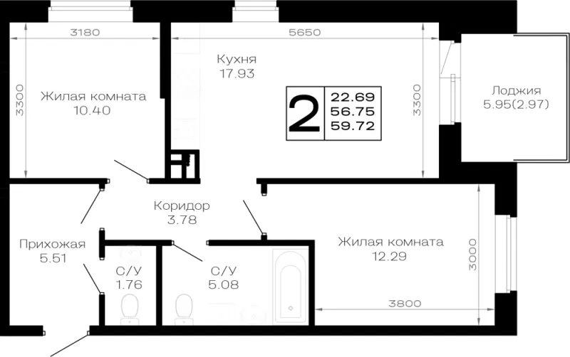 2-комн. 59.7 м²