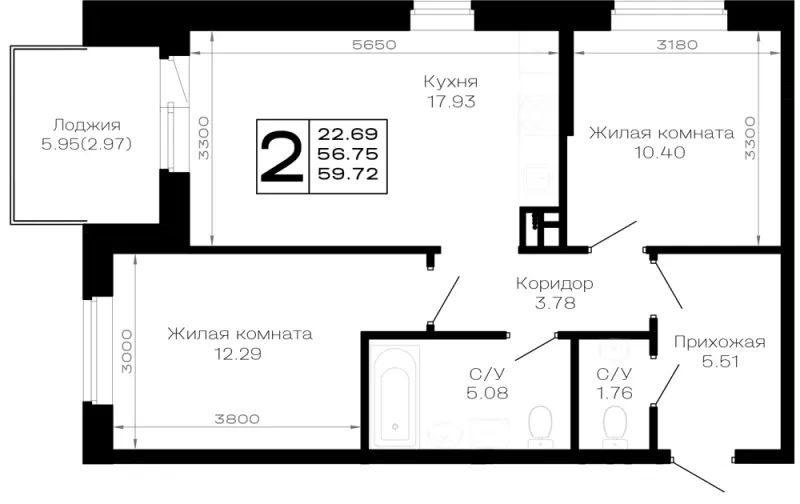 2-комн. 59.7 м²
