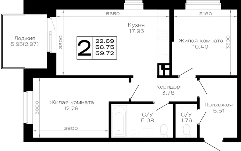 2-комн. 59.7 м²