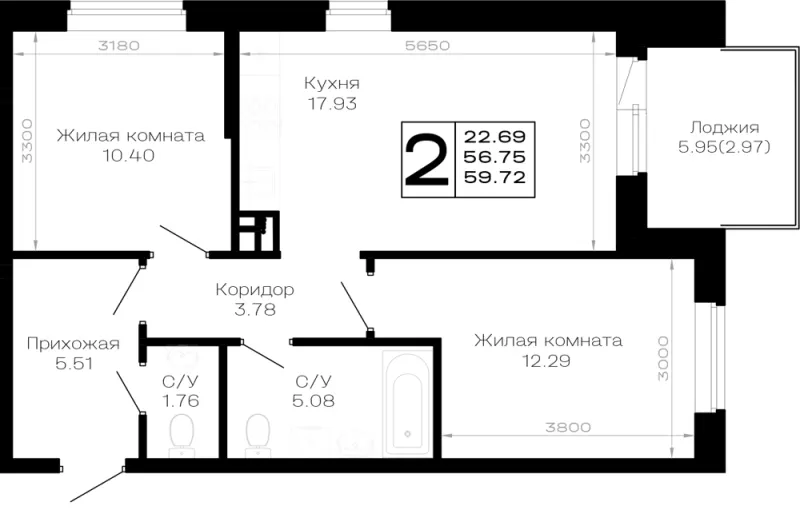 2-комн. 59.7 м²