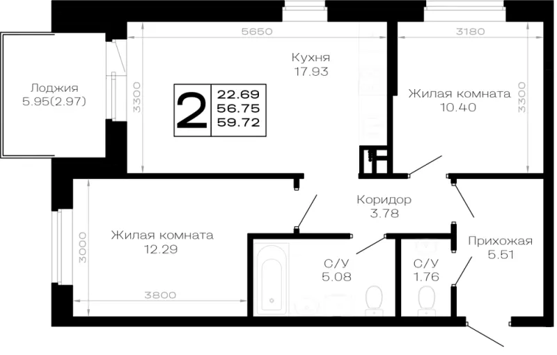 2-комн. 59.7 м²
