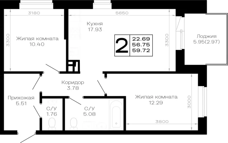 2-комн. 59.7 м²