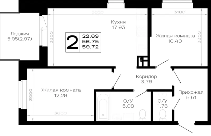 2-комн. 59.7 м²