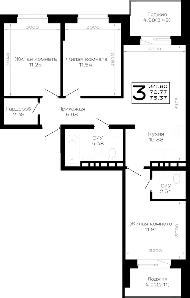 3-комн. 75.4 м²