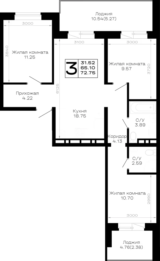 3-комн. 72.8 м²