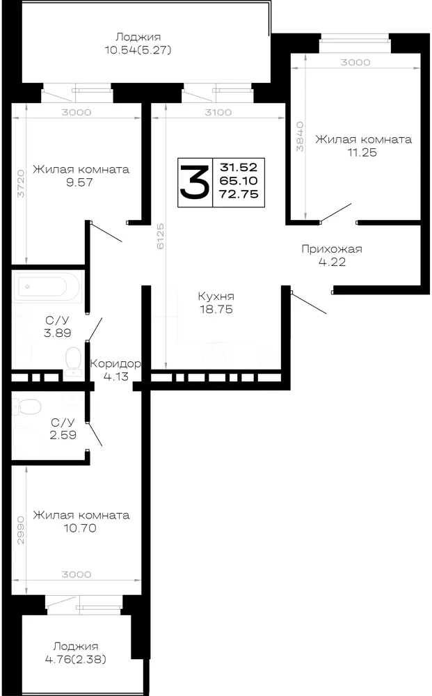 3-комн. 72.8 м²