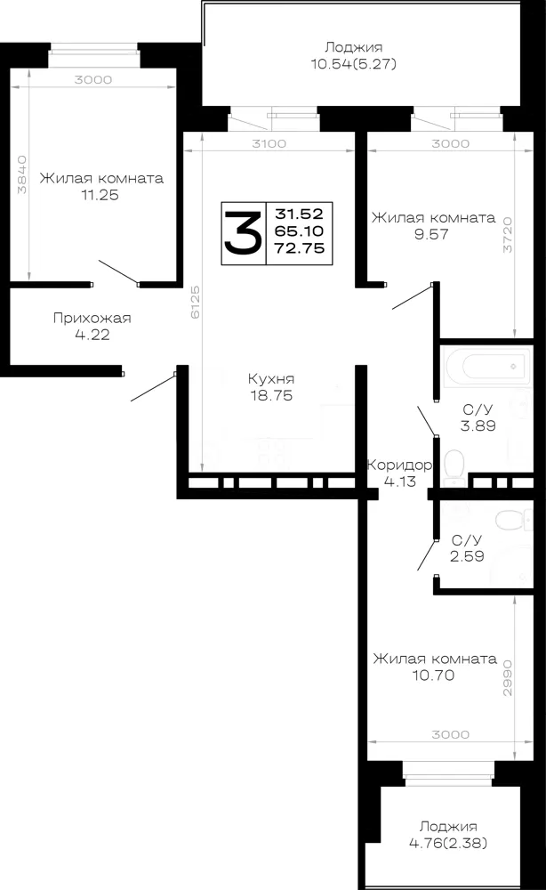 3-комн. 72.8 м²