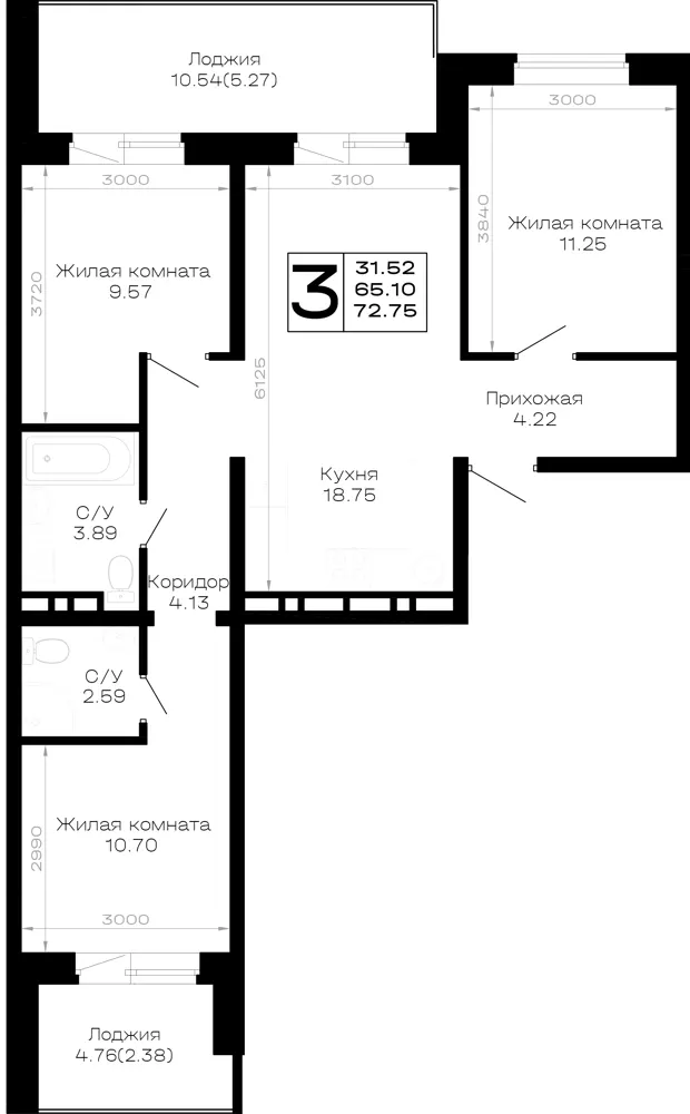 3-комн. 72.8 м²