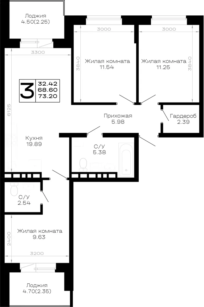 3-комн. 73.2 м²