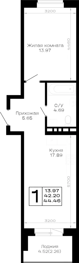 1-комн. 44.5 м²