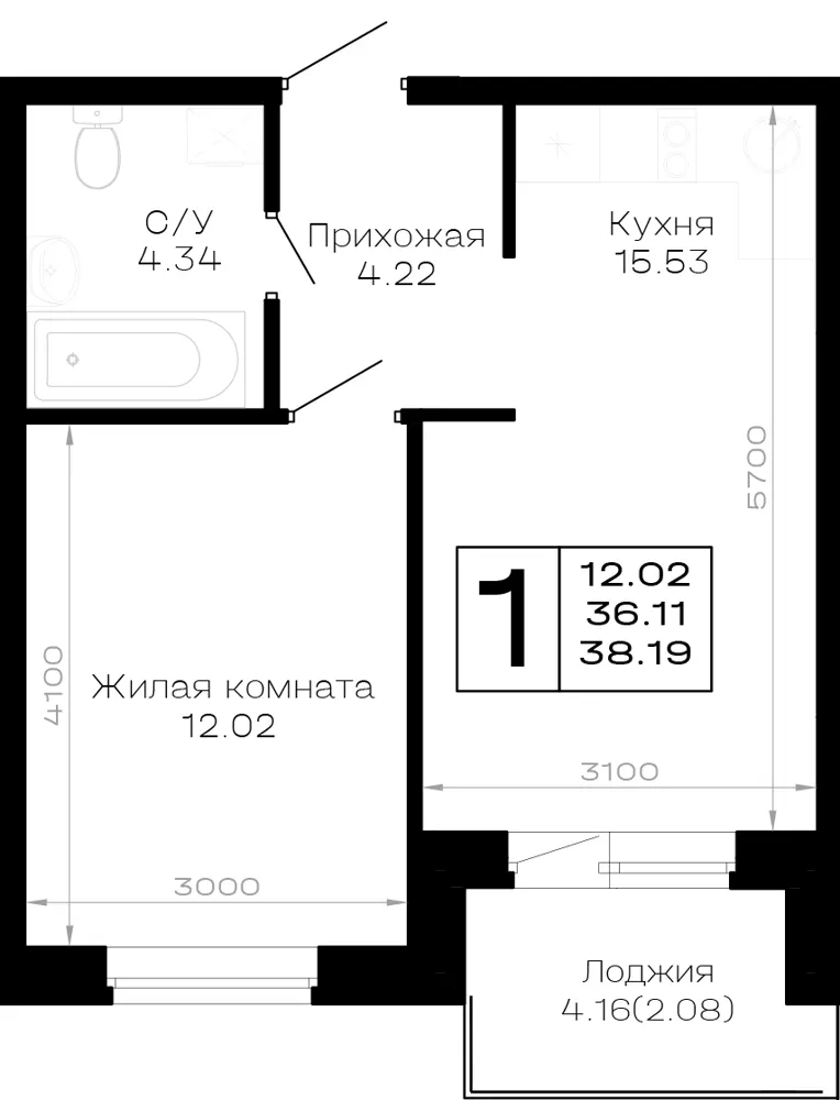 1-комн. 38.2 м²