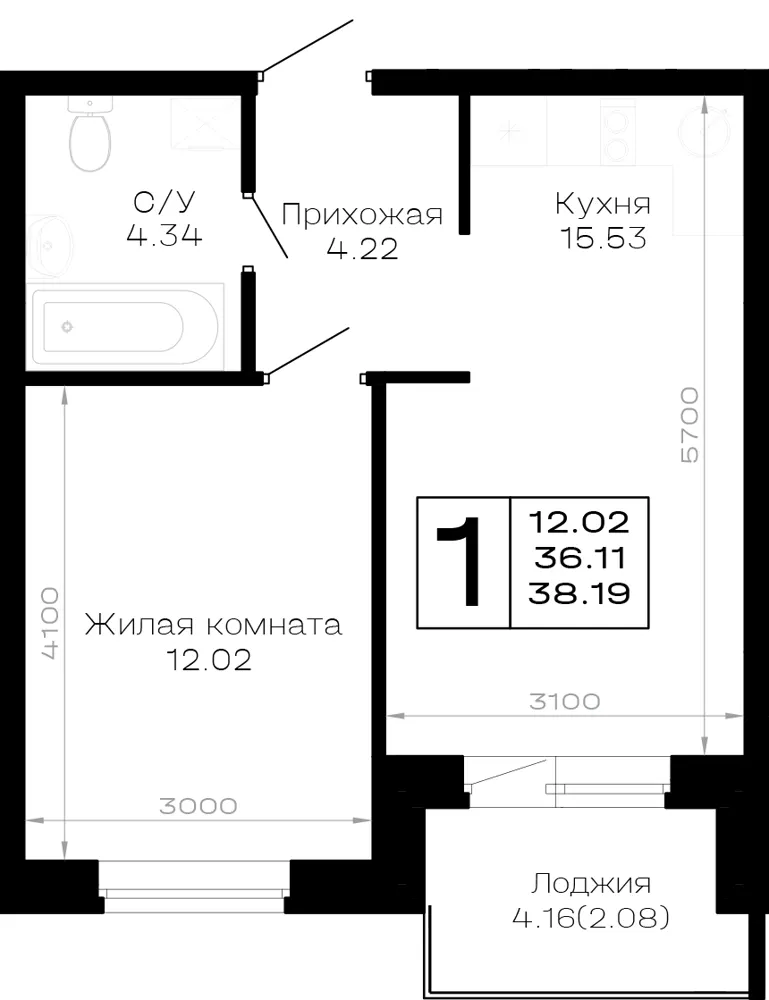 1-комн. 38.2 м²