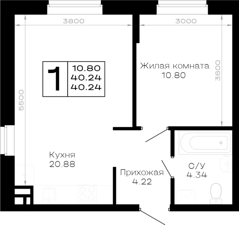 1-комн. 40.2 м²
