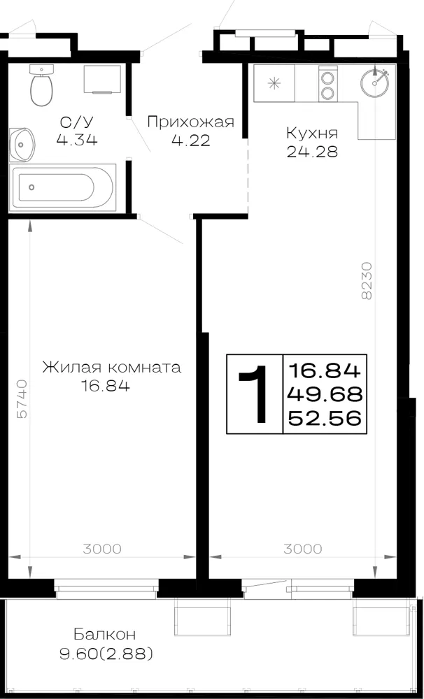 1-комн. 52.6 м²