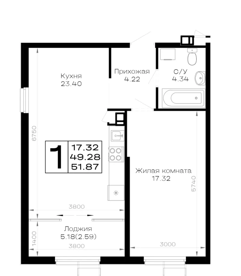 1-комн. 51.9 м²