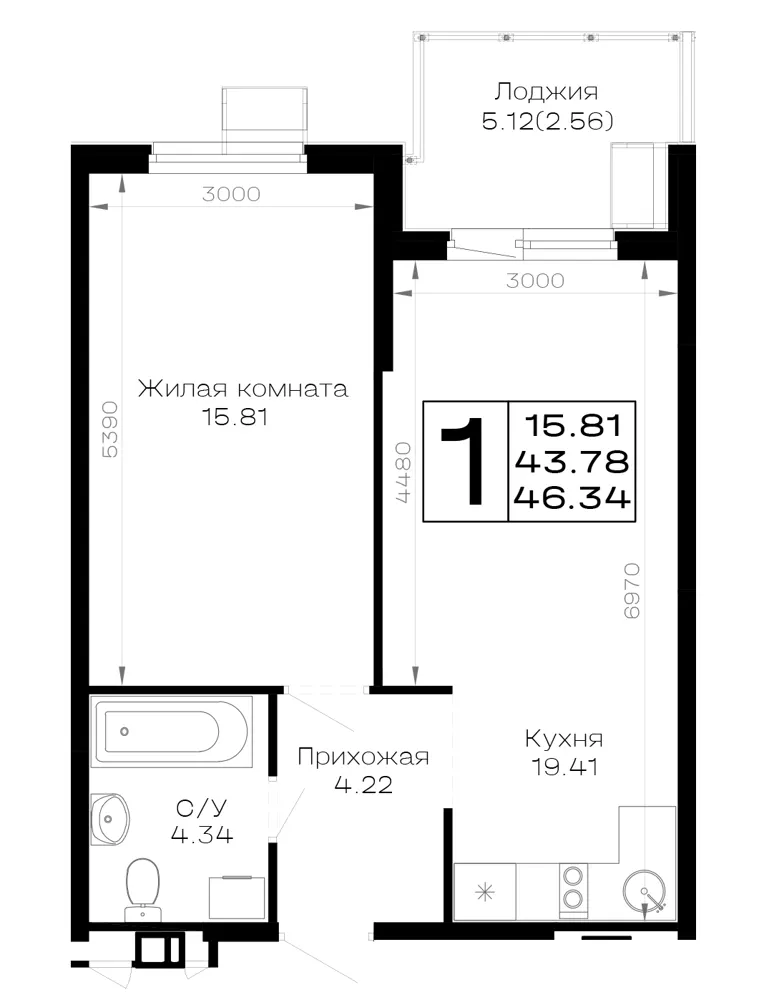 1-комн. 46.3 м²