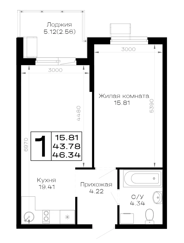 1-комн. 46.3 м²