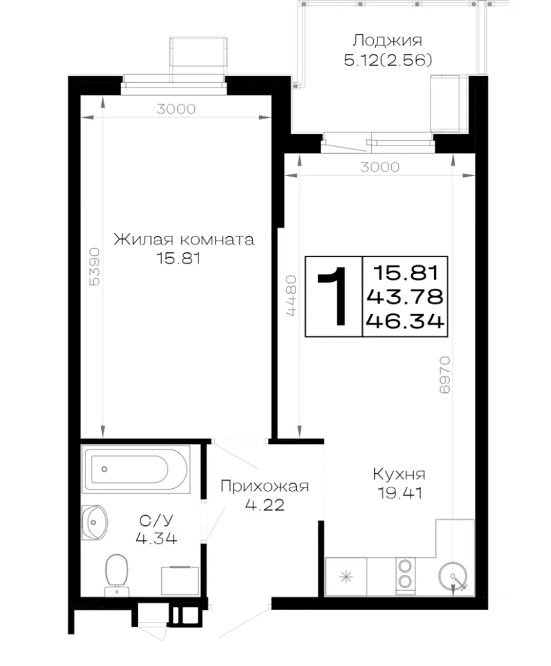 1-комн. 46.3 м²