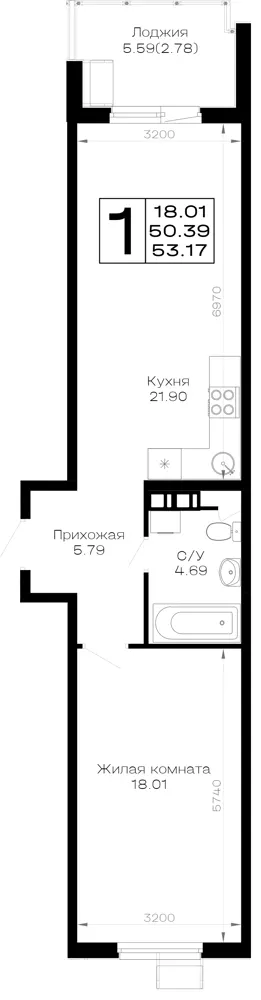1-комн. 53.2 м²