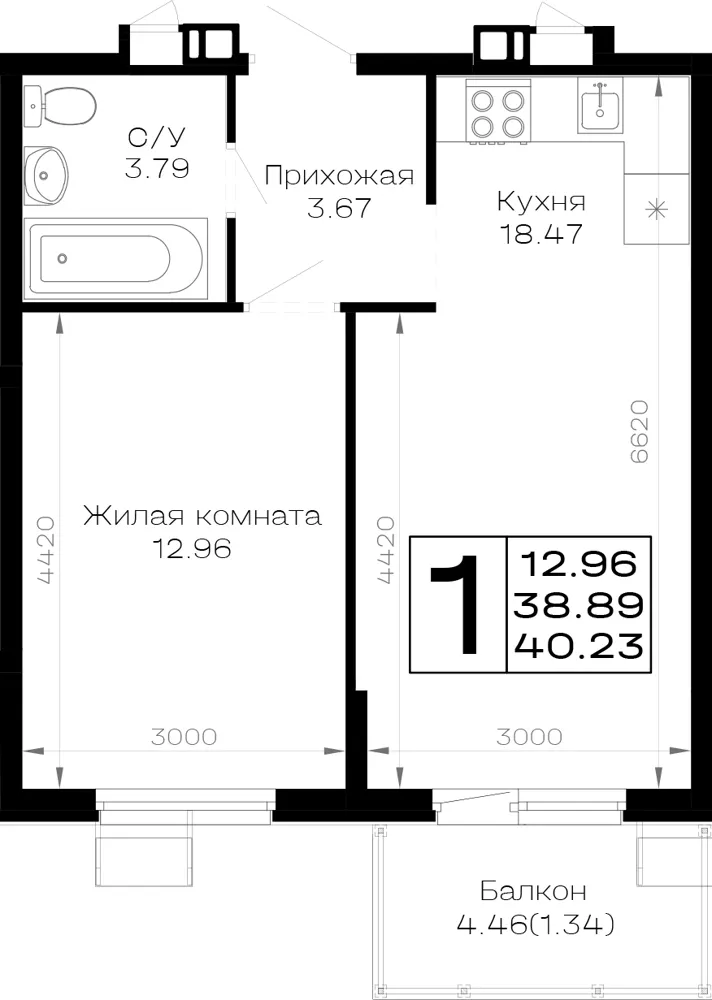 1-комн. 40.2 м²