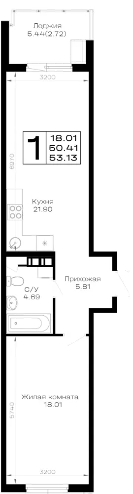 1-комн. 53.1 м²