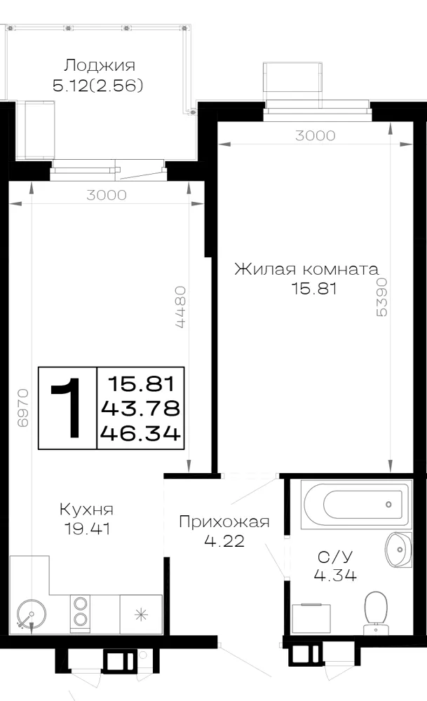 1-комн. 46.3 м²