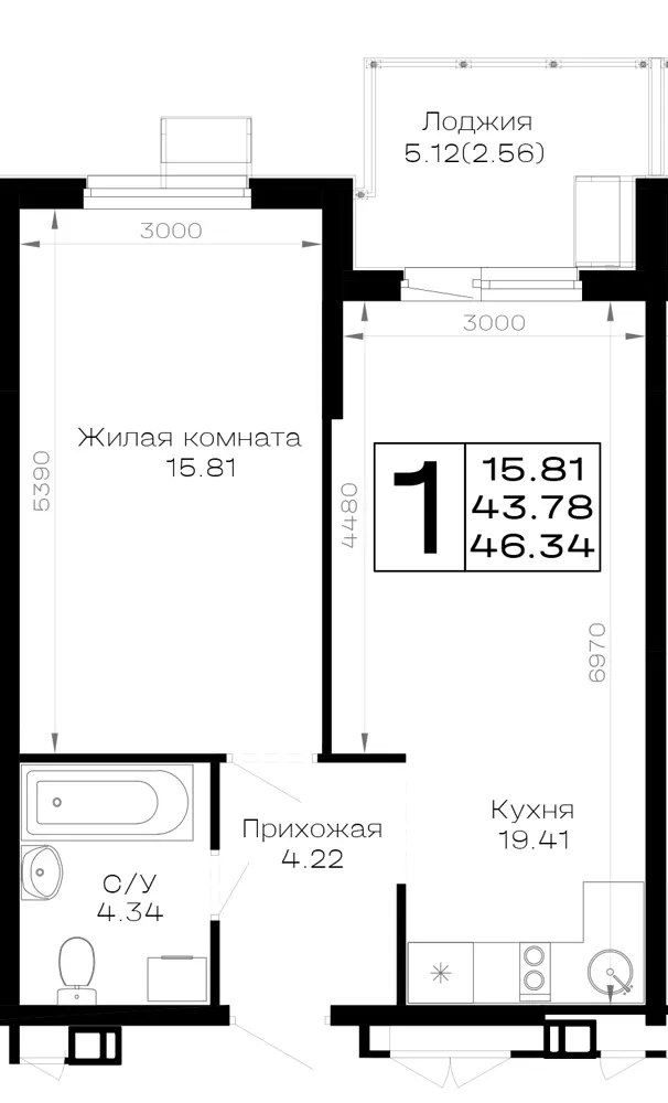 1-комн. 46.3 м²