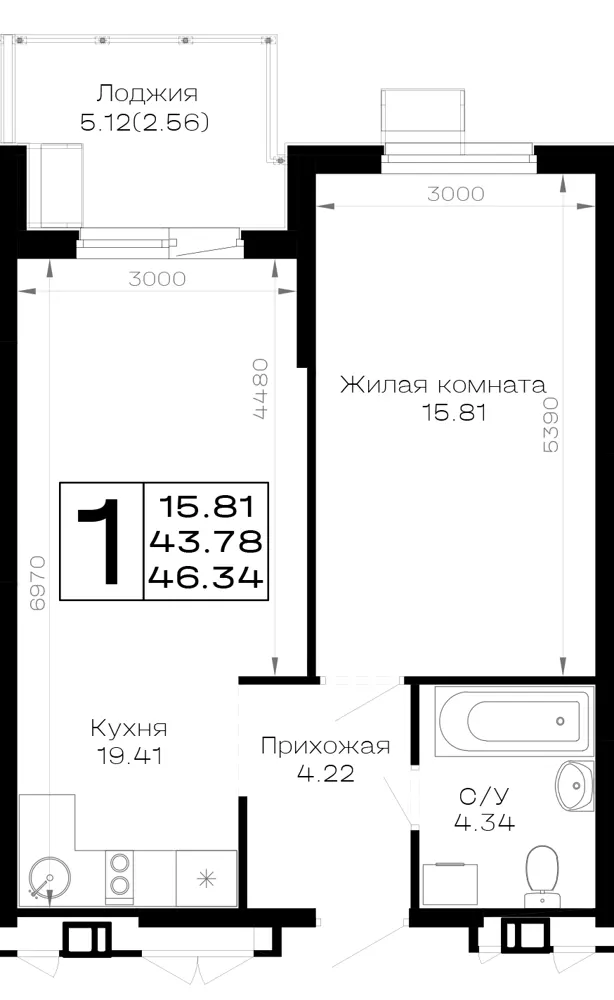 1-комн. 46.3 м²