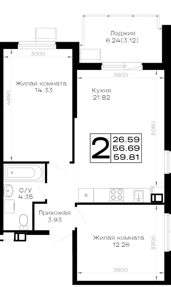 2-комн. 59.8 м²