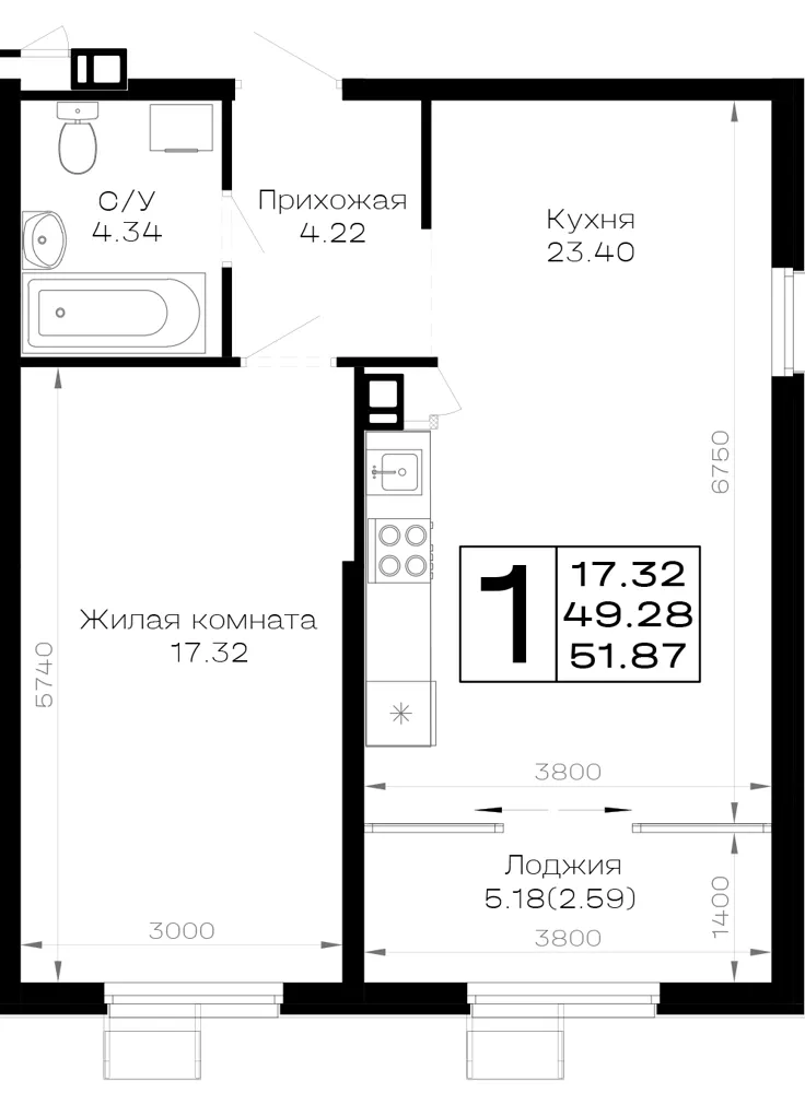 1-комн. 51.9 м²