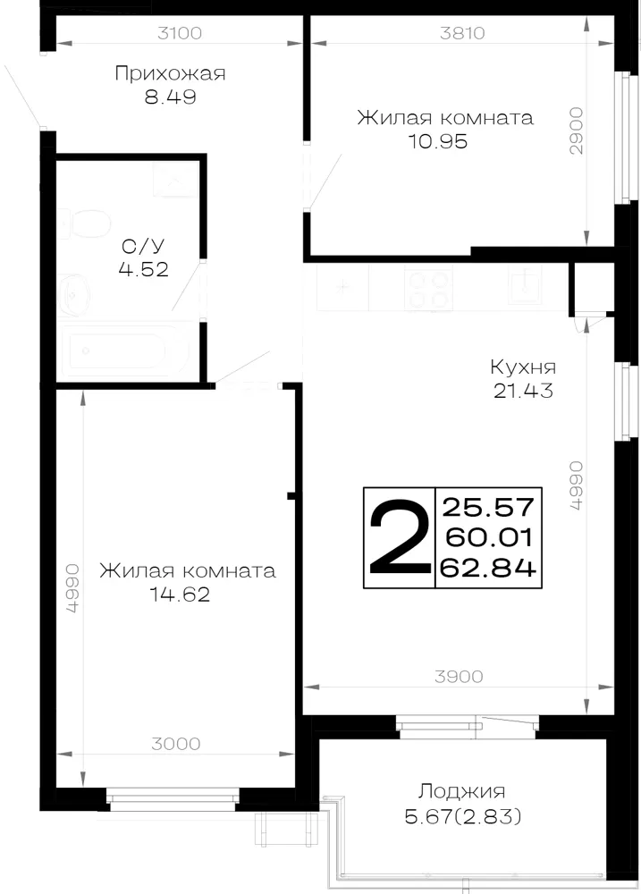 2-комн. 62.8 м²