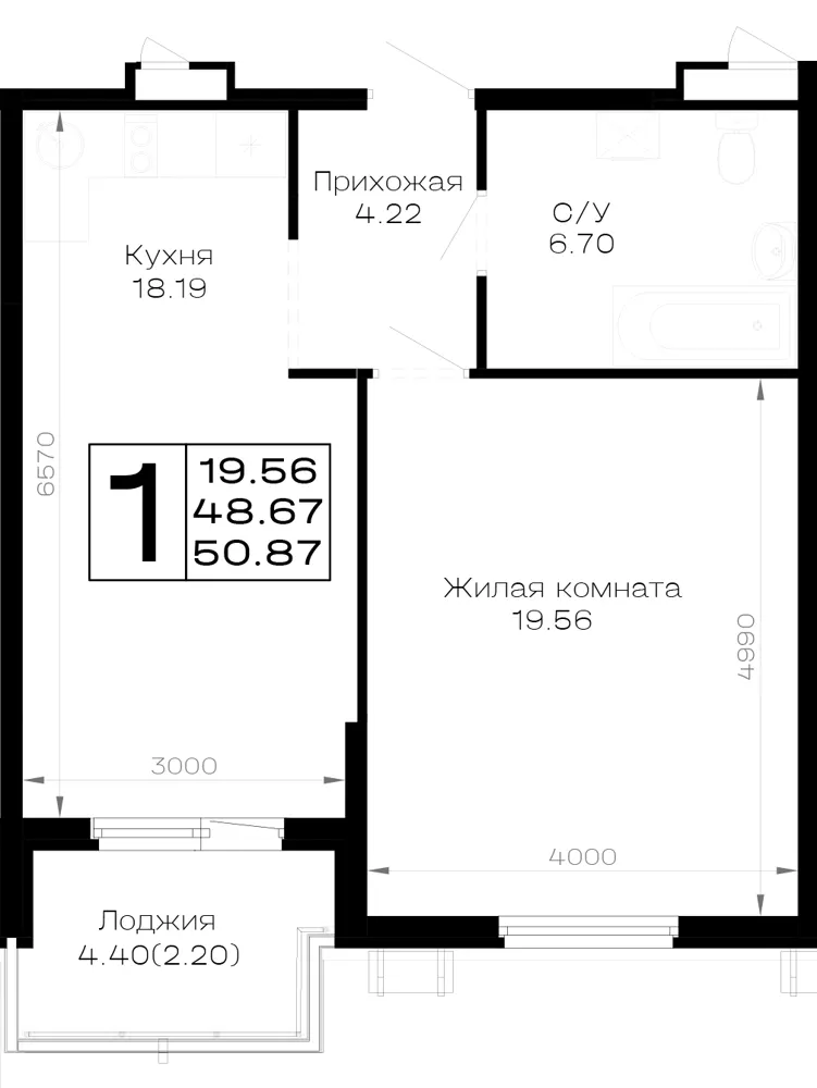 1-комн. 50.9 м²