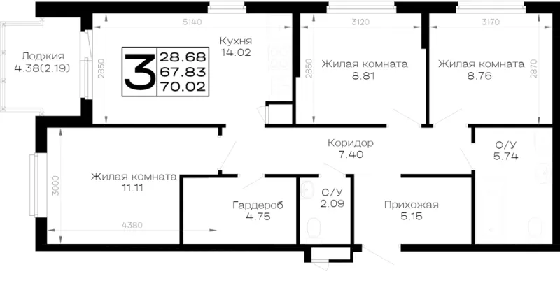3-комн. 70 м²