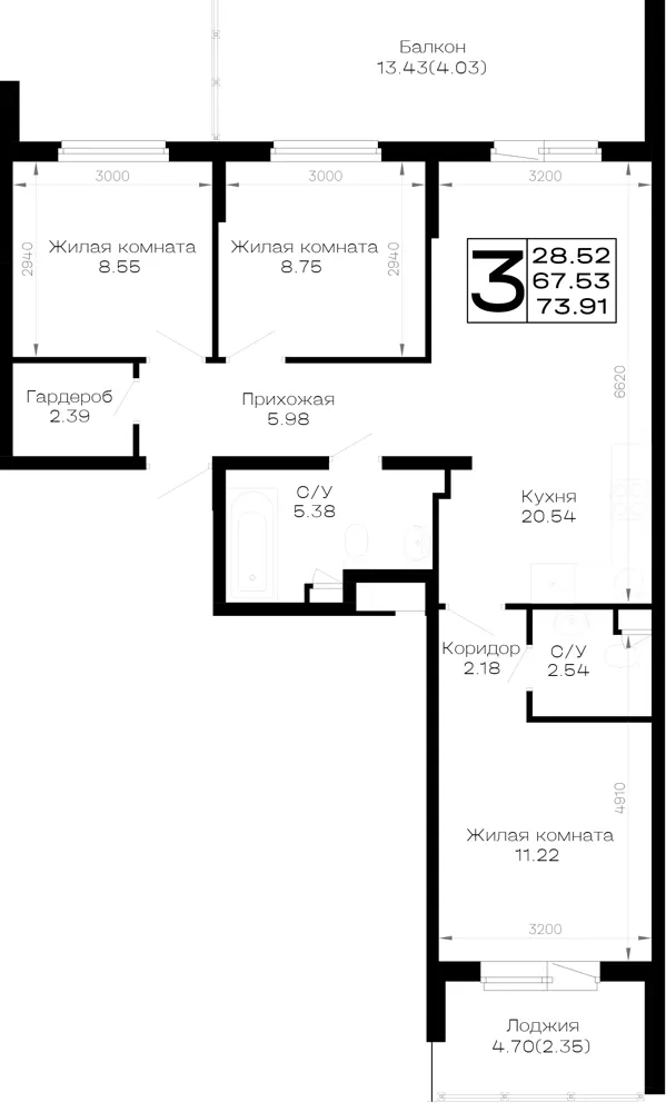 3-комн. 73.9 м²