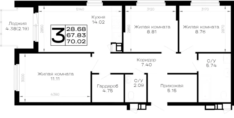 3-комн. 70 м²