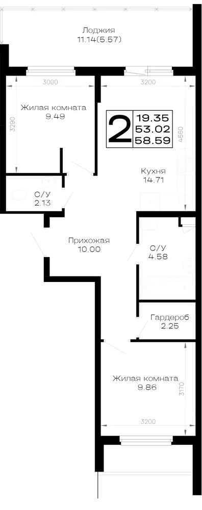2-комн. 58.6 м²