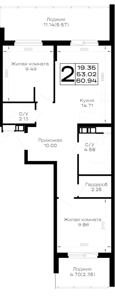 2-комн. 60.9 м²