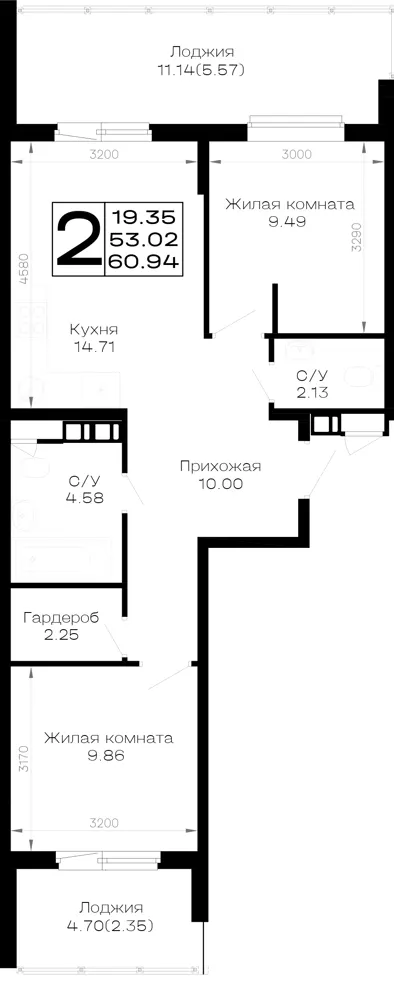 2-комн. 60.9 м²