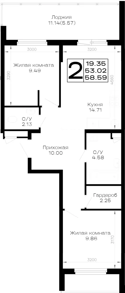 2-комн. 58.6 м²