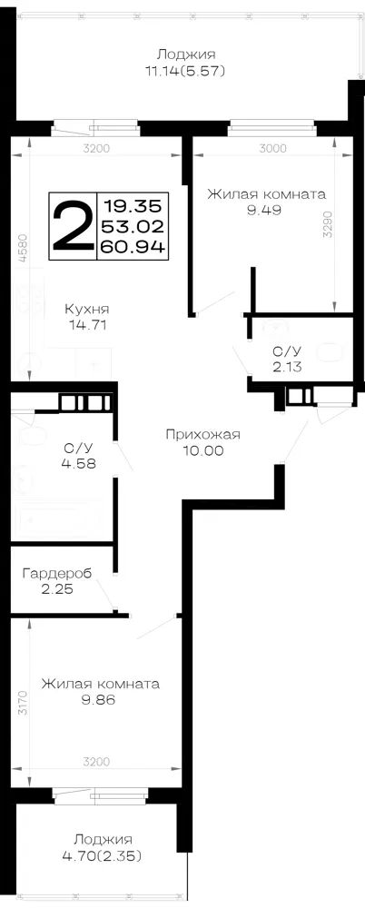 2-комн. 60.9 м²
