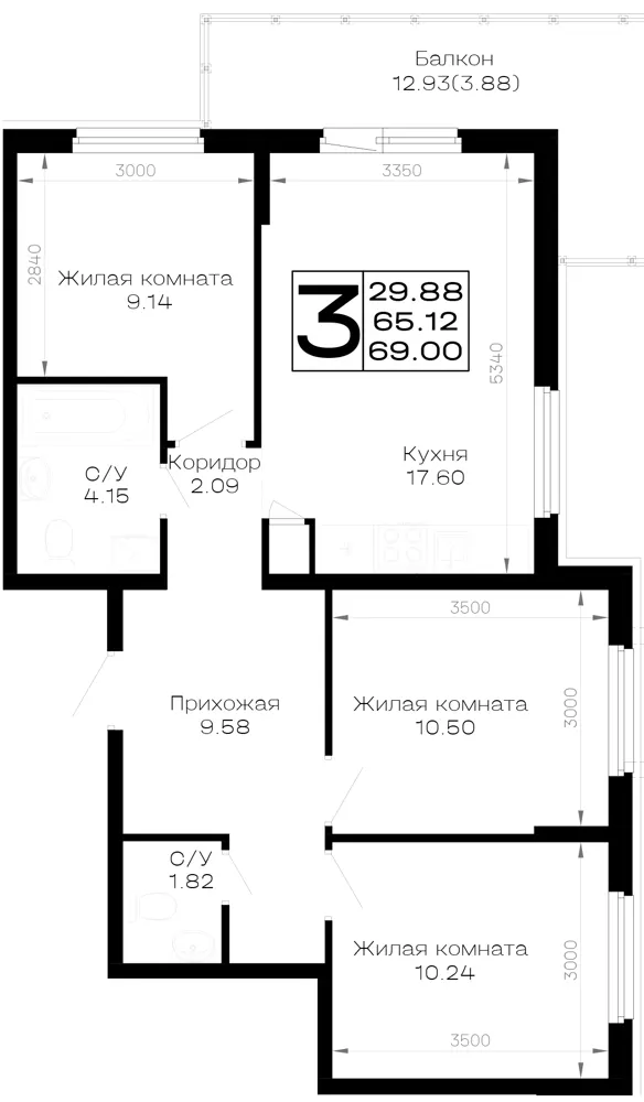 3-комн. 69 м²