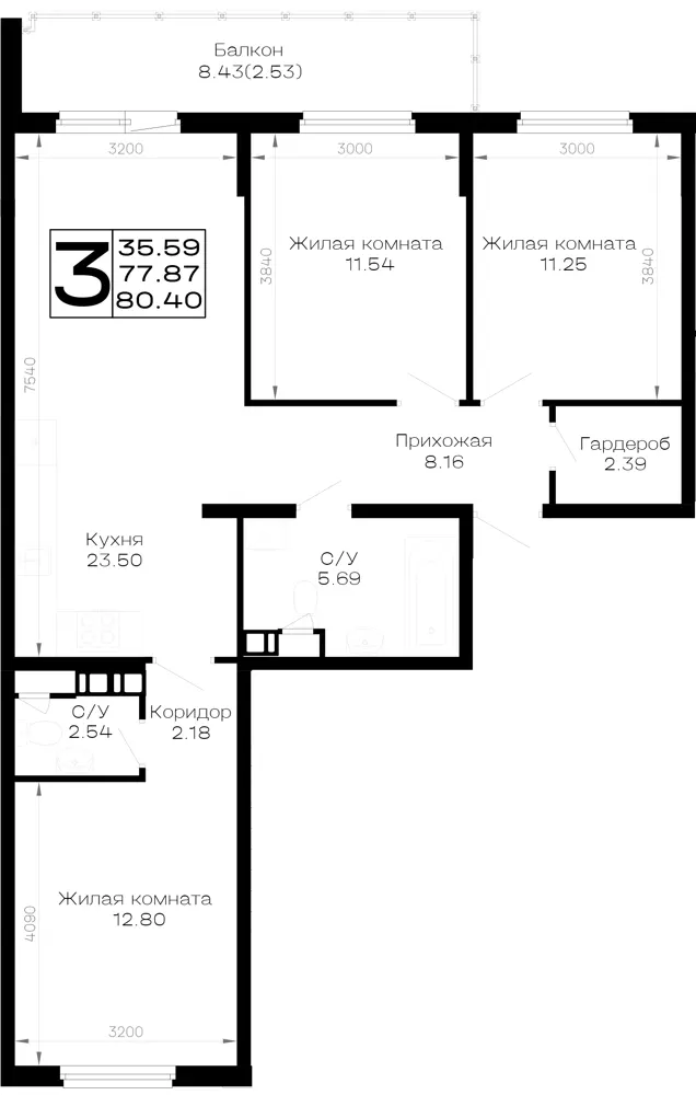 3-комн. 80.4 м²