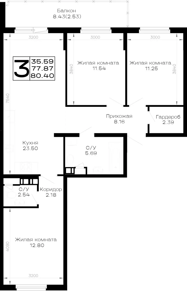 3-комн. 80.4 м²