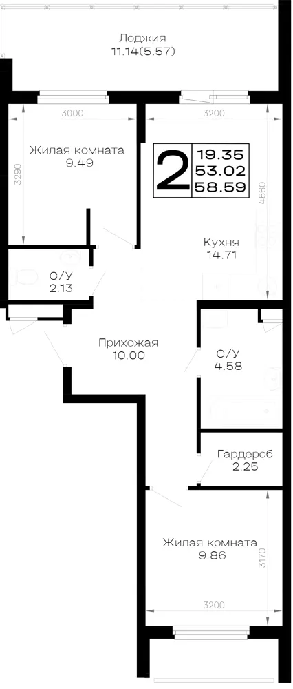2-комн. 58.6 м²