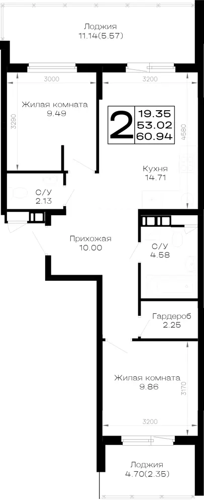 2-комн. 60.9 м²