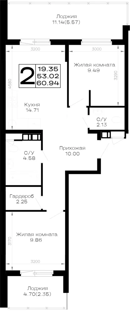 2-комн. 60.9 м²