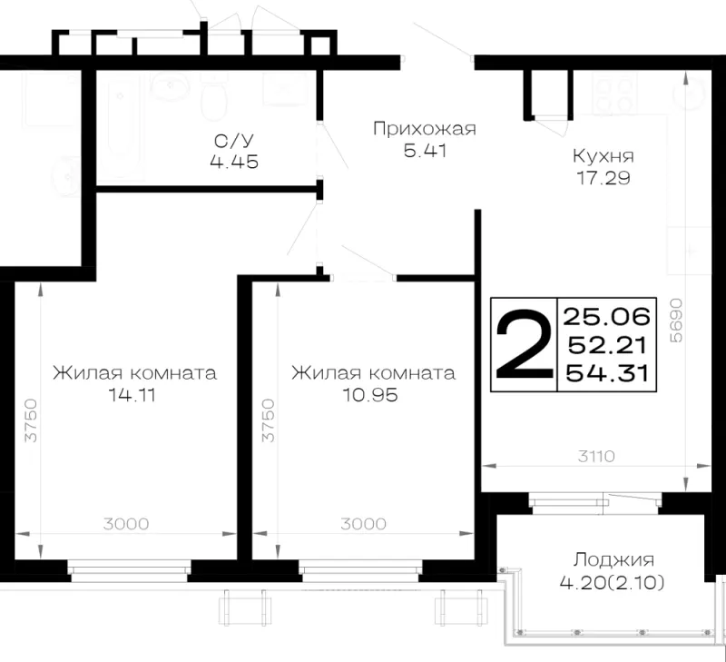 2-комн. 54.3 м²