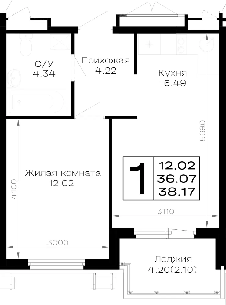 1-комн. 38.2 м²