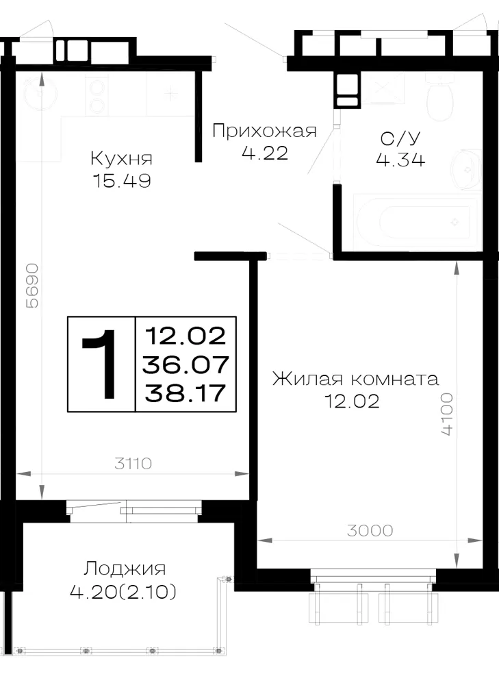 1-комн. 38.2 м²